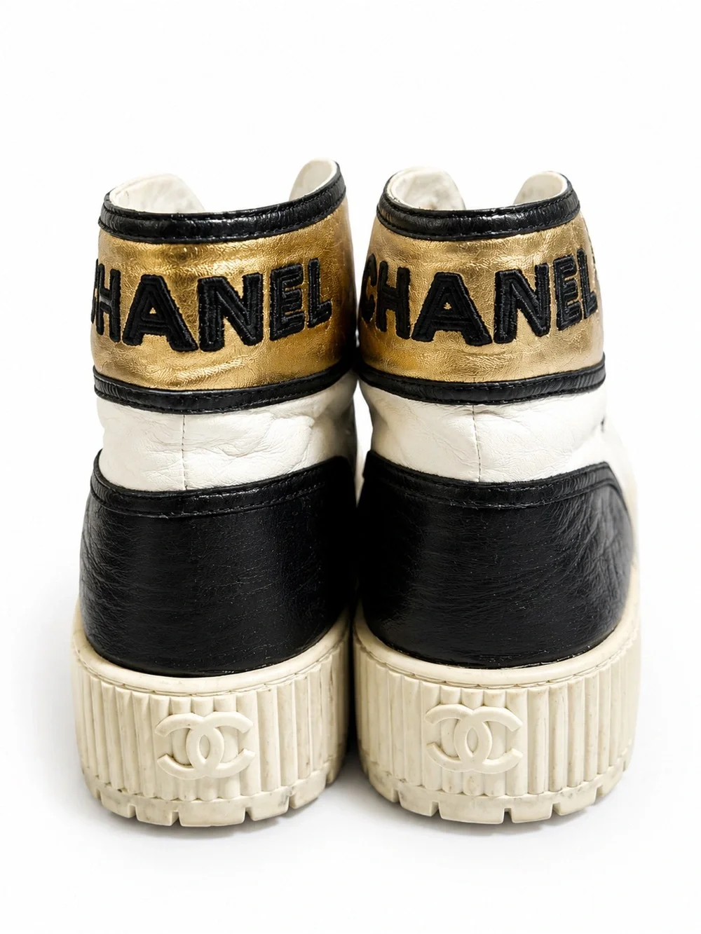 CHANEL White Black Gold High-Top Sneakers with Embossed Toe